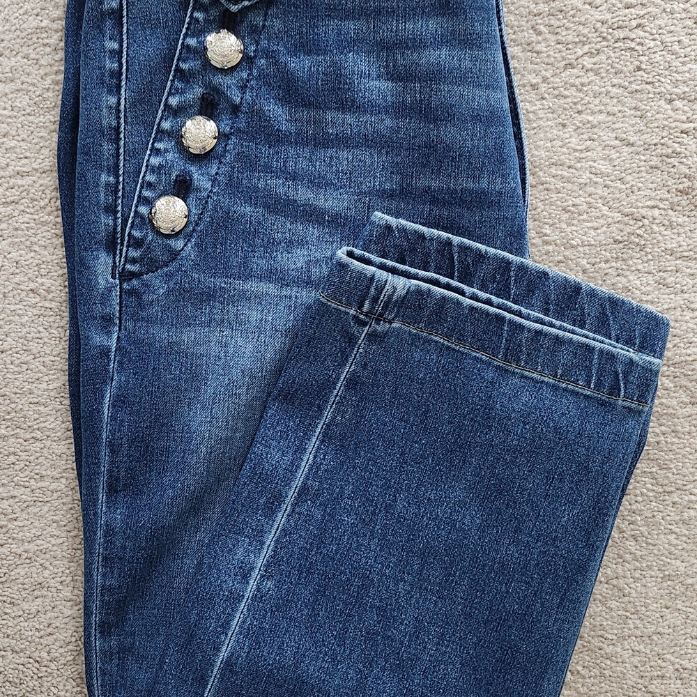 White House Black Market Dark Blue High Rise Jeans w/Silver Sailor Buttons - Picture 3 of 9